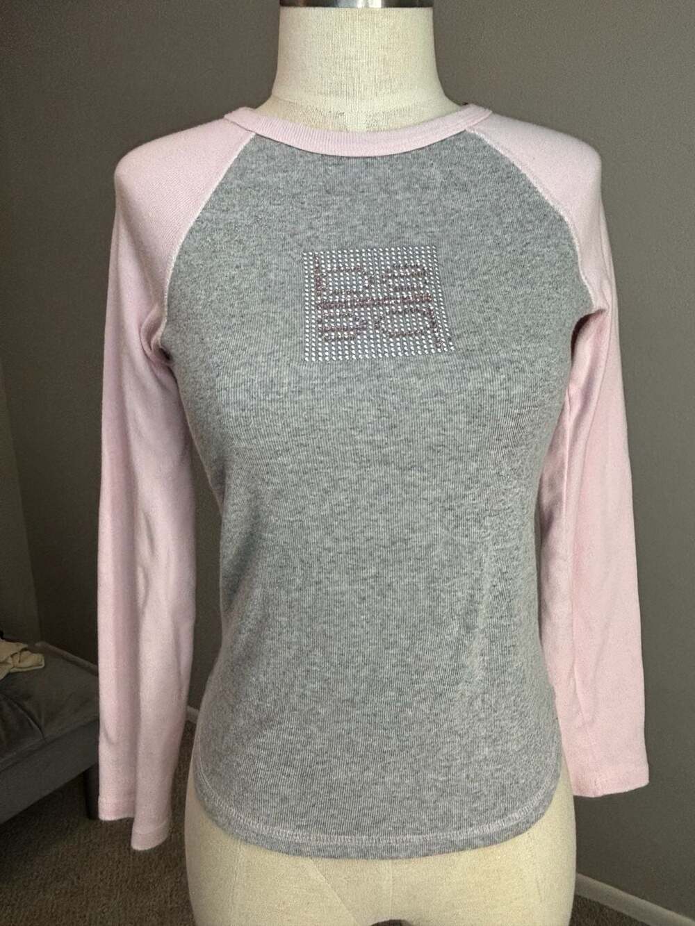 bebe Rhinestone Logo Gray and Pink Raglan Long Sleeve T-Shirt